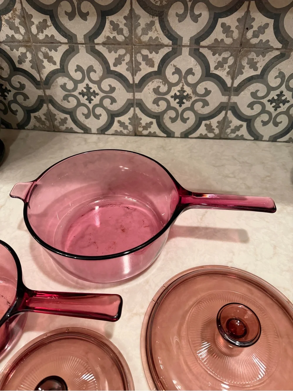 RARE! Vintage Visions Cranberry Saucepans with Lids- Set of 2